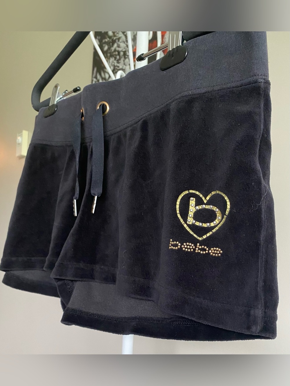 bebe Black Velvet Logo Bag with Gold Heart Detail